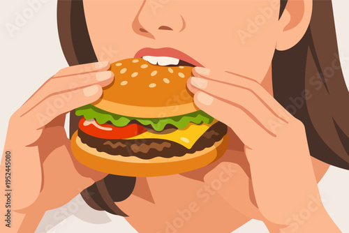 Woman eating a hamburger, enjoying a delicious fast food meal, indulging in tasty junk food
