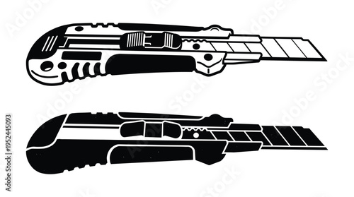 Two utility knives with retractable blades on transparent background