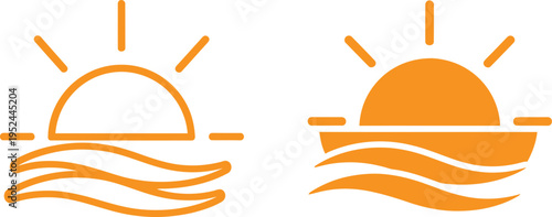 Orange sun rising over wavy ocean water in two simplistic illustrations