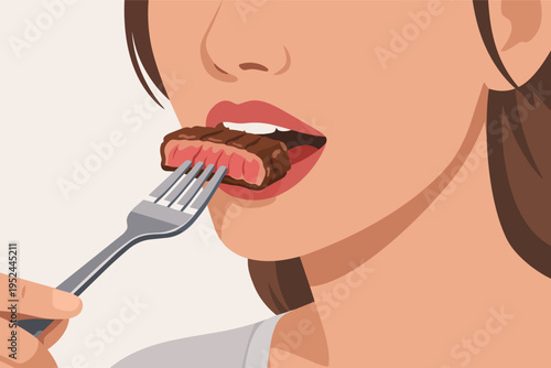 Woman eating a juicy beef steak with a fork, enjoying dinner, lunch, or a gourmet meal experience