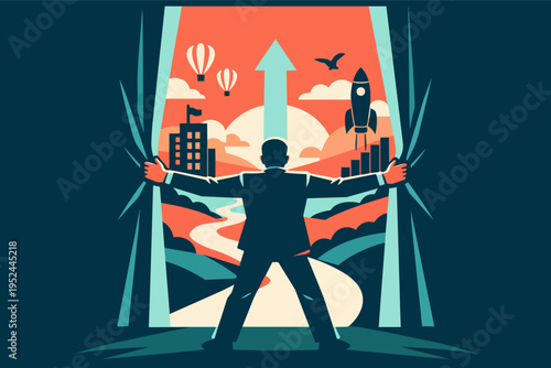 Businessman opening curtains, revealing a landscape of growth, success, and future opportunity