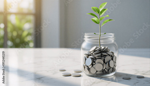 Green plant sprouting from glass jar filled with silver coins on marble surface, financial growth concept