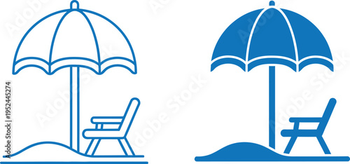 Beach scene with two blue umbrellas and chairs