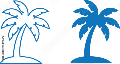 Two stylized blue palm tree silhouettes on a white background