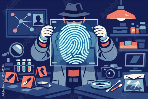 Detective solving criminal case by analyzing glowing fingerprint evidence in a forensic investigation laboratory