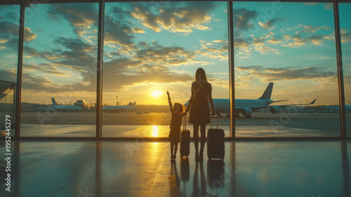 Family travel airport sunset, mother child silhouette luggage, airplane window terminal sky reflection, holiday vacation journey adventure dream