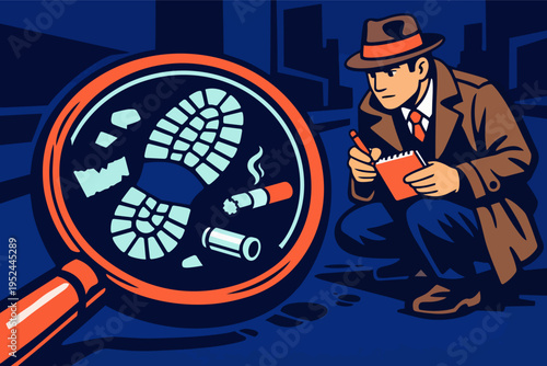 Private detective working, squatting on street, writing notes, solving mysteries with forensic investigation