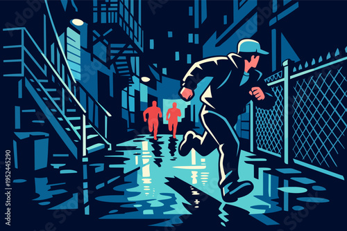 Man running through dark urban alley at night, fleeing from unknown pursuers in a city street chase