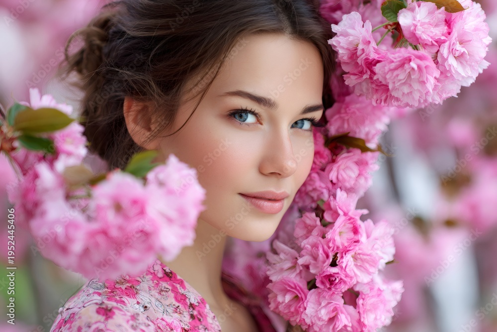 Naklejka premium Woman posing with pink cherry blossoms in bloom