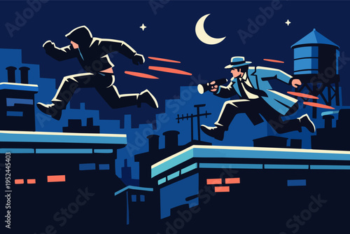 Detective pursuing thief across city rooftops at night, illustrating crime, pursuit, and urban action