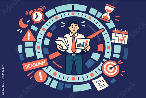 Stressed businessman managing multiple tasks and facing a deadline, working under pressure with time running out