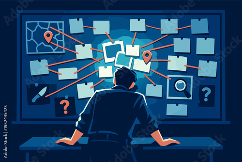 Detective solving mystery case with crime scene investigation board, connecting clues and evidence to reveal truth