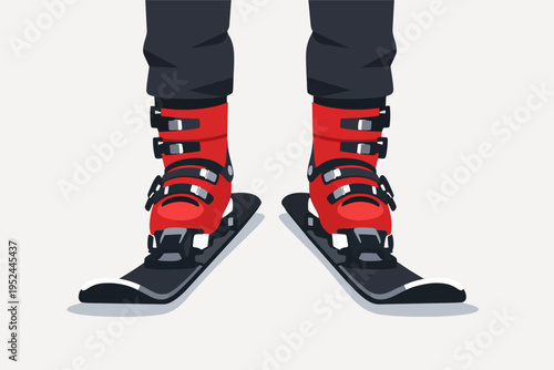 Skier's legs with red ski boots and black skis standing on a flat surface, preparing for winter sports