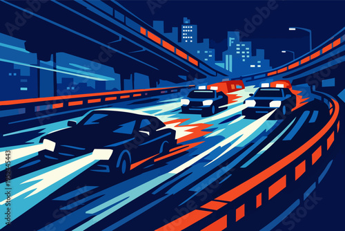 Night city highway traffic moving fast with urban vehicles and bright headlights during rush hour