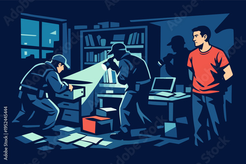 Law enforcement officers investigating crime scene at night, searching for evidence in office, man observing