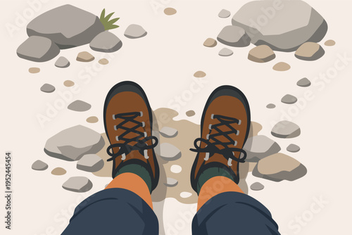 Person standing in hiking boots on a rocky trail representing adventure, freedom, and exploring nature
