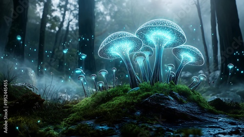 Bioluminescent mushrooms illuminate enchanted forest ethereal nature scene mystical environment close-up view