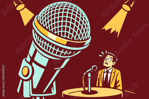 Speaker experiencing stage fright before a large microphone and bright spotlights, feeling public speaking anxiety