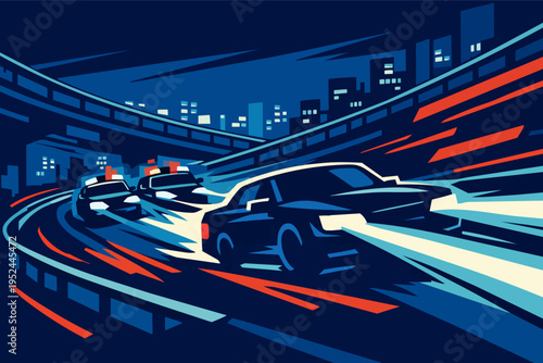 Sporty car speeding through city streets at night while being pursued by two police cars, creating a dynamic chase scene