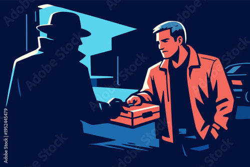 Shadowy figure in fedora delivering a briefcase to a man in a discreet night transaction, illustrating a secret deal