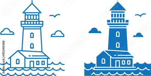 Illustration of two contrasting lighthouses with seagulls and clouds
