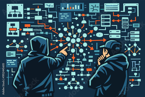 Hackers analyzing network data visualizing system architecture and cybersecurity threats for data protection