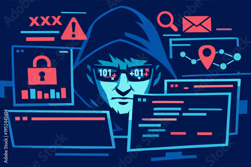 Hooded figure in glasses with binary code reflection, working on multiple screens, surrounded by cybersecurity icons