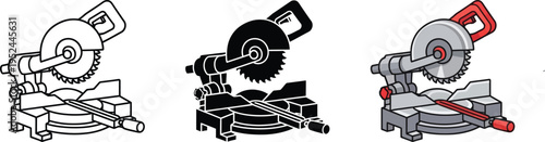 A set of three different colored miter saw illustrations Vector
