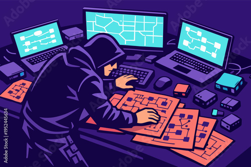 Hooded hacker working on multiple computers, cracking network security, engaging in cybercrime activities and data breach