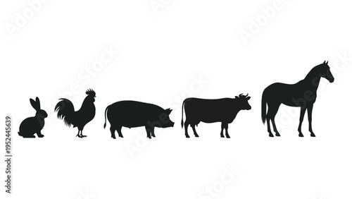 A line of farm animals including a rabbit rooster pig cow and horse