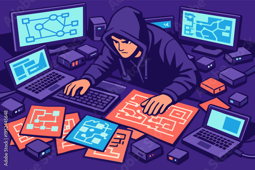 Hacker man working on computers, analyzing network vulnerabilities and planning cyber attacks