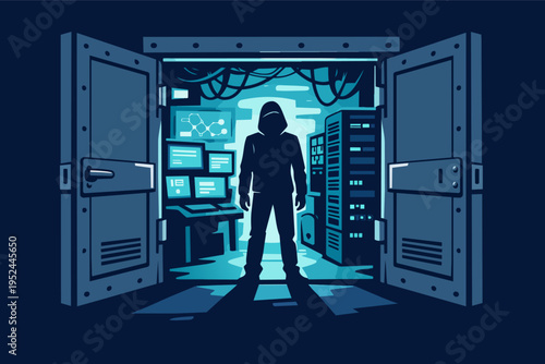 Hooded figure performing an illegal cyber attack, breaking into a secure server room and stealing confidential data