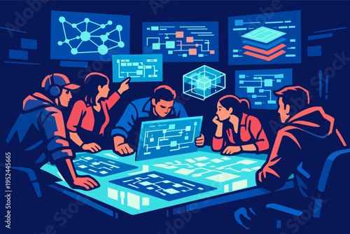 Team of it professionals analyzing data and managing network systems in a control room, focusing on cybersecurity and digital security