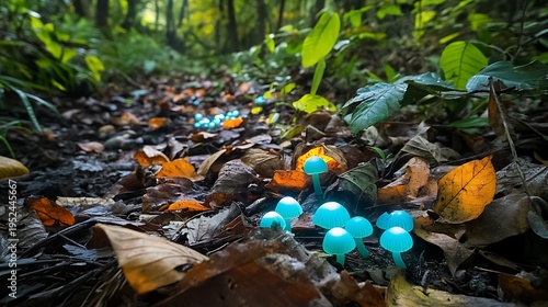 Exploring the enchanting glow of bioluminescent mushrooms in a serene forest trail