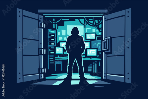 Hacker silhouette standing in data center doorway, entering or exiting a secure server room, cyber crime and network security concept