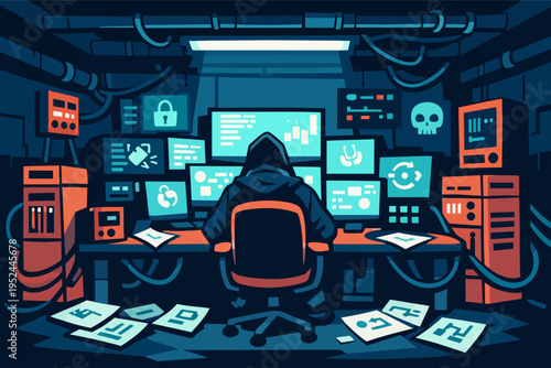 Hacker wearing a hoodie sitting in a dark server room, coding and breaking digital security on many screens
