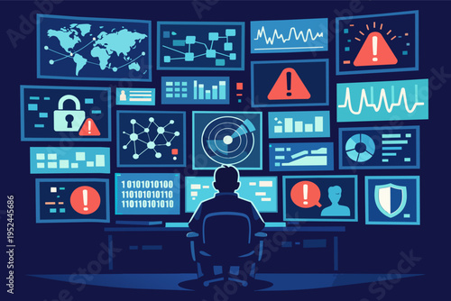 Cybersecurity expert monitoring network security threats in a control room, analyzing real-time data and alert warnings