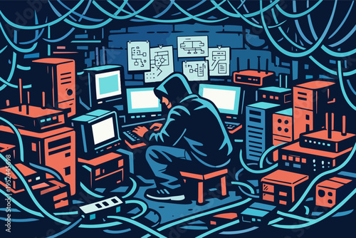 Hooded hacker working on multiple computers in a data center, cybercrime and network security concept