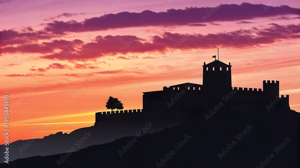 Obraz premium Castle Silhouette Against Dramatic Sunset Sky with Pink and Orange Clouds