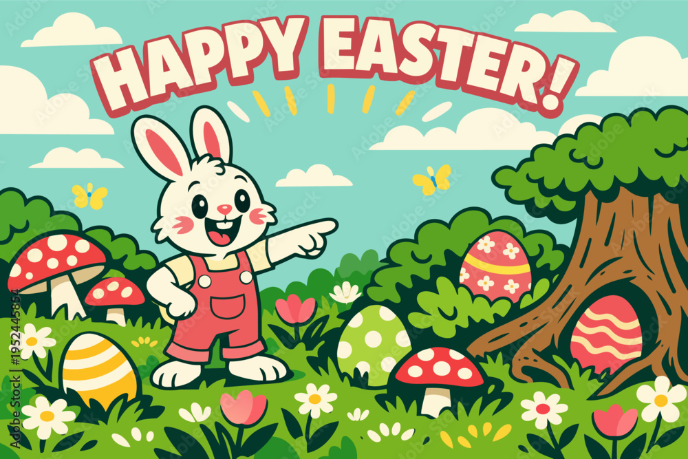 Obraz premium Bunny celebrating easter holiday in a spring garden, pointing at hidden eggs for a fun hunt