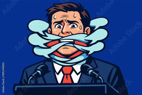 Politician gagged by speech bubbles, symbolizing censorship, free speech suppression, and media silence in politics