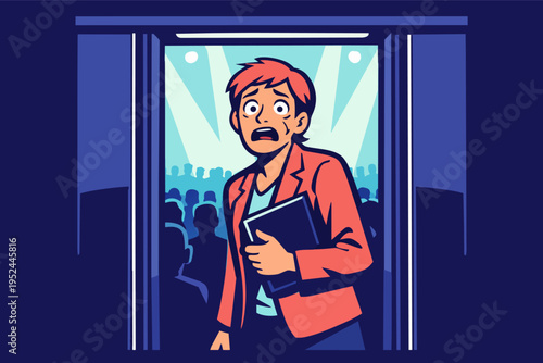 Anxious person experiencing stage fright, looking nervous emerging on stage for public speaking event