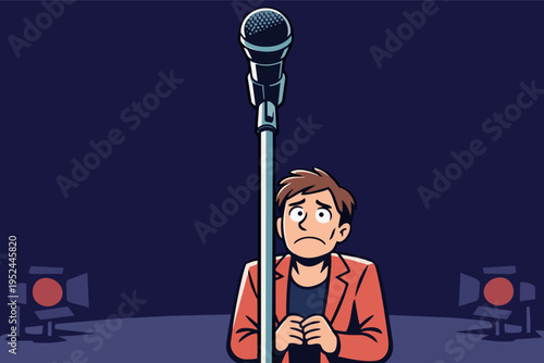 Man experiencing stage fright, looking nervous before a microphone, facing public speaking anxiety
