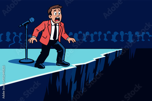 Speaker feeling intense anxiety and stage fright while giving a speech, standing on the edge of a stage in front of an audience