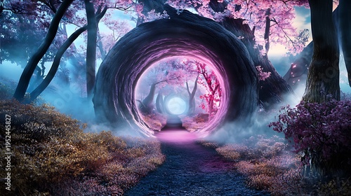 Magical portal journey through enchanted cherry blossom forest fantasy landscape immersive environment dreamlike viewpoint