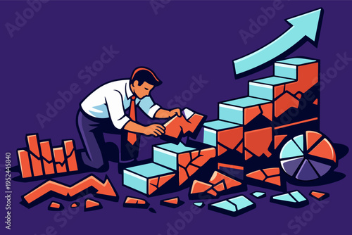 Businessman building success stairs, constructing a broken graph path to financial recovery and business growth