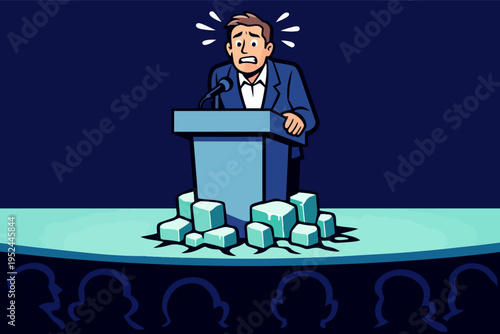 Businessman suffering stage fright, public speaking fear, and melting under pressure at a conference, facing the audience
