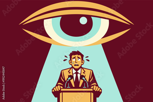 Speaker experiencing stage fright with big eye watching, representing anxiety and surveillance during public speaking