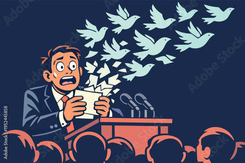 Speaker looking shocked as his speech notes transform into flying peace doves symbolizing freedom of information