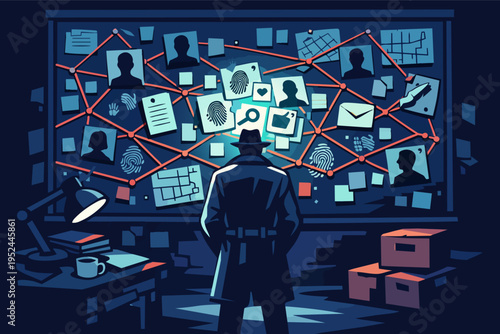 Detective solving a complex mystery, connecting evidence, clues and suspects on a cork board in a dark room